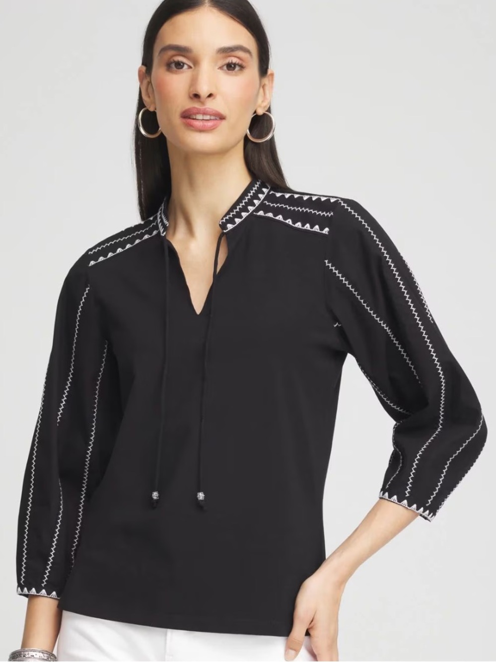 Chicos Women Sz 2 US L Black White Embroidered Pintuck Lantern-Sleeve Top